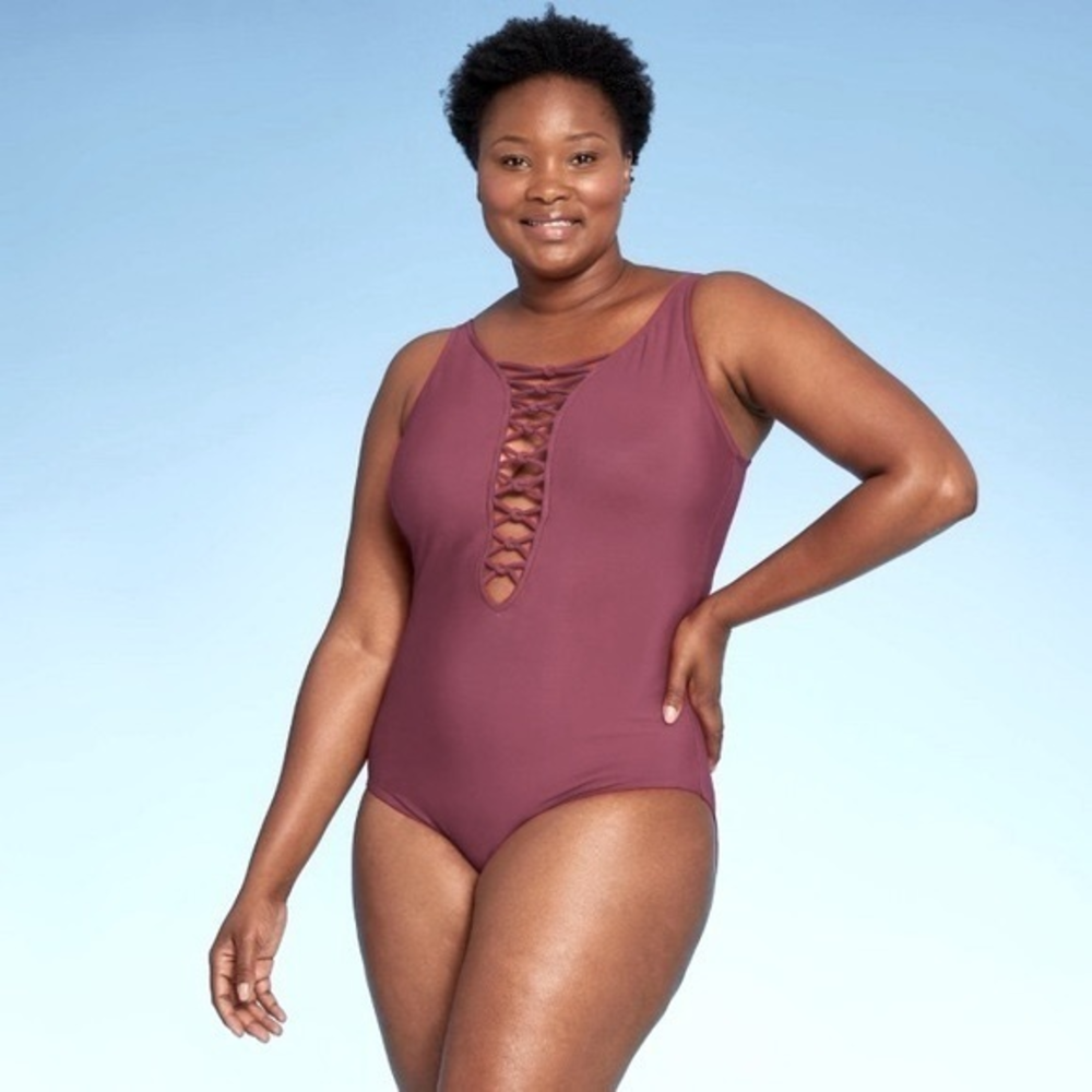 Aqua Green NWT Deep Plunge Lace-Up Strappy One‎ Piece Swimsuit Women's 24W